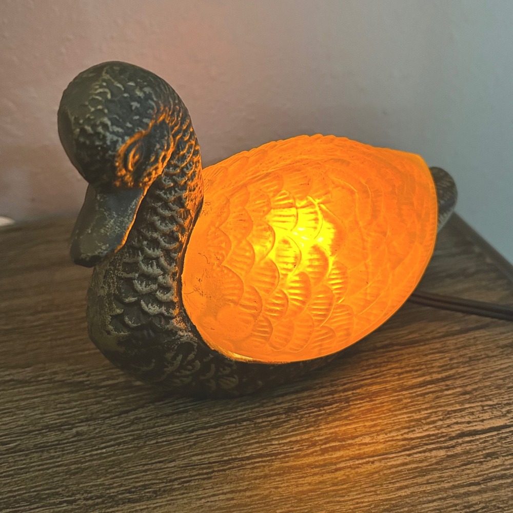 Vintage Bronze Tone Metal Duck Accent Lamp Amber Frosted Glass Wing Night Light
